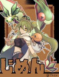 Rule 34 | 197 607 886, 1girl, absurdres, armlet, bag, bandaged arm, bandages, cape, creatures (company), crop top, double bun, dragon, fang, flygon, game freak, gen 3 pokemon, gloves, great ball, green hair, ground miku (project voltage), hair between eyes, hair bun, hatsune miku, highres, holding, holding poke ball, long hair, looking at viewer, midriff, nintendo, orange eyes, pants, poke ball, pokemon, pokemon (creature), project voltage, single glove, smile, trapinch, twintails, very long hair, vibrava, vocaloid, white gloves