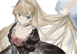 2girls beatrice_(umineko) blonde_hair blue_eyes bow brown_dress brushing_another&#039;s_hair brushing_hair chinese_commentary choker closed_mouth collar collarbone collared_dress commentary_request dress empty_eyes expressionless frilled_choker frilled_collar frills hair_brush head_out_of_frame highres holding juliet_sleeves long_hair long_sleeves looking_at_viewer multiple_girls puffy_sleeves red_bow sidelocks simple_background sitting solo_focus umineko_no_naku_koro_ni very_long_hair virgilia_(umineko) wavy_sidelocks white_background yuuinai