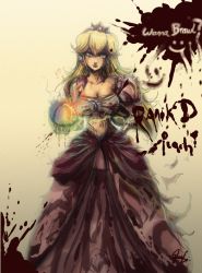 Rule 34 | 1girl, blonde hair, blood, blood splatter, blue eyes, breasts, character name, cleavage, crown, dress, earrings, elbow gloves, evil smile, gloves, highres, holding, jay phenrix, jewelry, large breasts, long hair, mario (series), md5 mismatch, midriff, navel, nintendo, pink dress, princess, princess peach, resized, resolution mismatch, smash ball, smile, solo, source larger, super smash bros., sword, torn clothes, torn dress, weapon