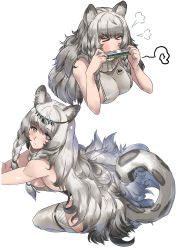 Rule 34 | &gt; &lt;, 1girl, absurdres, animal ears, arknights, black hair, blush, braid, breasts, breath, circlet, grey eyes, grey thighhighs, harmonica, highres, instrument, large breasts, leopard ears, leopard tail, long hair, looking at viewer, multicolored hair, multiple views, pramanix (arknights), shizuoxing kof, side braids, sideboob, silver hair, simple background, sitting, squiggle, tail, thighhighs, twin braids, two-tone hair, wavy hair, white background