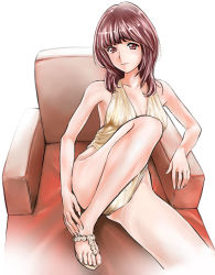 Rule 34 | 1girl, armchair, bare legs, bare shoulders, breasts, brown eyes, brown hair, casual one-piece swimsuit, chair, couch, feet, feet on chair, halterneck, hands on feet, knee up, leg up, legs, long hair, looking at viewer, maruyama, matching hair/eyes, one-piece swimsuit, original, sandals, simple background, sitting, small breasts, solo, swimsuit, toes, white background