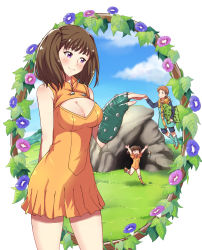 Rule 34 | 10s, 1boy, 1girl, :d, arms up, bare shoulders, blush, boots, breasts, cave, cleavage, cleavage cutout, clothing cutout, cloud, couple, day, diane (nanatsu no taizai), dress, closed eyes, fingerless gloves, floating, flower, giant, giantess, gloves, grass, holding hands, hetero, highres, hood, jacket, king (nanatsu no taizai), large breasts, leotard, naginoya, nanatsu no taizai, open mouth, pillow, plant, projected inset, puffy sleeves, single glove, sky, smile, vines, aged down