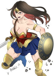 Rule 34 | 1girl, animification, armlet, armor, artist name, bare shoulders, black gloves, black hair, blue skirt, breasts, brown hair, butcha-u, cleavage, collarbone, colored inner hair, dc comics, dc extended universe, fingerless gloves, floating hair, gloves, gold headband, greaves, highres, holding, holding shield, holding sword, holding weapon, long hair, medium breasts, multicolored hair, red shirt, rock, shield, shirt, skirt, solo, strapless, strapless shirt, sword, v-shaped eyebrows, weapon, white background, wonder woman