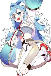 Rule 34 | 1girl, absurdres, aneco (westsea1227), antenna hair, arm up, blue eyes, blue hair, blush, braid, ear piercing, earrings, highres, hololive, hololive indonesia, jacket, jewelry, kobo kanaeru, light blue hair, long hair, navel, open mouth, piercing, see-through, see-through jacket, simple background, sleeves past fingers, sleeves past wrists, socks, solo, teeth, upper teeth only, virtual youtuber, white background, white footwear, white hair, white socks, zipper, zipper pull tab