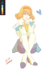 Rule 34 | 1girl, aqua eyes, ascot, autumn-sacura, bare shoulders, blonde hair, boots, bug, butterfly, color guide, full body, hairband, high heel boots, high heels, insect, crossed legs, limited palette, natalia luzu kimlasca lanvaldear, orange ascot, shorts, sitting, smile, solo, tales of (series), tales of the abyss, thigh boots, thighhighs