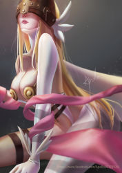 Rule 34 | 1girl, absurdres, angel wings, angewomon, apollo (sunnypig), asymmetrical clothes, blonde hair, blurry, breasts, cleavage, commentary request, covered eyes, depth of field, detached collar, digimon, digimon (creature), digimon adventure, elbow gloves, gloves, hagoromo, head wings, helmet, highres, kneeling, large breasts, lips, long hair, multiple wings, shawl, single elbow glove, single pantsleg, soft focus, solo, thigh strap, very long hair, wings, wrist wings