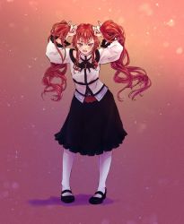 Rule 34 | 1girl, alternate hairstyle, blush, bunching hair, dress, eris greyrat, female focus, full body, highres, legs, long hair, looking at viewer, mushoku tensei, open mouth, red eyes, red hair, skirt, solo, thighs, twintails