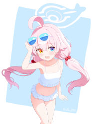 Rule 34 | 1girl, :d, ahoge, bikini, blue archive, blue eyes, blush, breasts, cementite, eyewear on head, frilled bikini, frills, hair between eyes, hair bobbles, hair ornament, halo, heterochromia, highres, hoshino (blue archive), hoshino (swimsuit) (blue archive), long hair, low twintails, navel, open mouth, pink hair, small breasts, smile, solo, sunglasses, swimsuit, twintails, twitter username, white bikini, yellow eyes