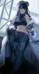 Rule 34 | 1girl, :o, absurdres, arm rest, armband, baseball cap, belt, black footwear, black gloves, black hat, black shirt, blue archive, blue eyes, blue hair, blue pants, boots, breasts, coat, commentary request, construction, crop top, foot out of frame, gloves, hat, highres, holster, knee pads, knee up, legs, long hair, looking at viewer, medium breasts, midriff, navel, off shoulder, pants, pocket, saori (blue archive), shirt, sitting, sleeveless, sleeveless turtleneck, solo, sparkle print, stomach, thigh holster, turtleneck, white coat, yato (yama0x1)