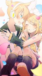 Rule 34 | 1boy, 1girl, arm warmers, asagao minoru, bare shoulders, black collar, blonde hair, blue eyes, blush, bow, brother and sister, carrying, closed eyes, collar, grin, hair bow, hair ornament, hairclip, hand on another&#039;s shoulder, hand to own mouth, happy, headphones, heart-shaped petals, highres, kagamine len, kagamine rin, leg warmers, looking at viewer, nail polish, neckerchief, necktie, open mouth, petals, princess carry, sailor collar, school uniform, shirt, short hair, short ponytail, short sleeves, shoulder tattoo, siblings, smile, spiked hair, swept bangs, tattoo, twins, upper body, vocaloid, white bow, white shirt, yellow nails, yellow neckerchief