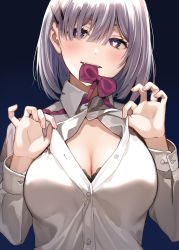 Rule 34 | 1girl, blue background, bow, bowtie, bra, bra peek, breasts, collared shirt, dress shirt, hair ornament, hair over one eye, hairclip, hands up, heart, heart-shaped pupils, highres, large breasts, long sleeves, looking at viewer, mouth hold, nishizawa, open mouth, original, partially unbuttoned, purple eyes, shirt, short hair, silver hair, simple background, solo, symbol-shaped pupils, teeth hold, underwear, upper body, white shirt