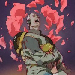 Rule 34 | 1boy, 1girl, blonde hair, blood, bow, child, closed eyes, commentary, ear covers, hair bow, heintz (memories), ilya kuvshinov, magnetic rose, memories (animated movie), open mouth, petals, rose petals, screaming, short hair, simple background, spacesuit, white hair