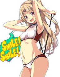 Rule 34 | 1girl, arms up, azur lane, bikini, blonde hair, blush, breasts, cleveland (azur lane), commentary request, covered collarbone, cowboy shot, highres, looking at viewer, macaroni hourensou, midriff, navel, open mouth, ponytail, red eyes, simple background, small breasts, smile, solo, sports bikini, standing, sweat, swimsuit, two-tone bikini, white background