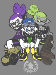 Rule 34 | 3boys, bandana, bandana over mouth, blue hair, covered mouth, dark-skinned male, dark skin, goggle-kun (splatoon), goggles, green hair, grey background, inkling, inkling boy, inkling player character, jacket, leather, leather jacket, looking at viewer, male focus, mask, multiple boys, nintendo, pointy ears, purple hair, rider-kun (splatoon), shoes, simple background, skull-kun (splatoon), smile, sneakers, splatoon (manga), splatoon (series), topknot