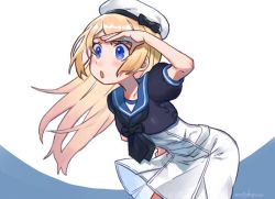 Rule 34 | 1girl, blonde hair, blue eyes, blue sailor collar, commentary request, dress, gloves, hat, jervis (kancolle), kantai collection, long hair, mogamiya honu, open mouth, sailor collar, sailor dress, sailor hat, shading eyes, short sleeves, solo, two-tone background, white background, white dress, white gloves, white hat