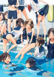 Rule 34 | 6+girls, :d, ;d, ^ ^, bike shorts, closed eyes, clothes lift, competition school swimsuit, competition swimsuit, closed eyes, kusakabe (kusakabeworks), lifting own clothes, multiple girls, old school swimsuit, one-piece swimsuit, one eye closed, open mouth, original, pool, poolside, school swimsuit, school uniform, serafuku, skirt, skirt lift, smile, swimsuit, swimsuit under clothes, tile wall, tiles, wet, wet clothes