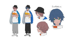 Rule 34 | 1boy, absurdres, animal, black hat, black pants, black socks, blue hair, blue jacket, blue trim, brown hair, bucket hat, cat, closed mouth, collar, collared shirt, commentary request, concept art, crossed arms, eve (utaite), facing to the side, facing viewer, grey jacket, grey pants, grey socks, hat, highres, holding, holding animal, indie utaite, jacket, kukka, light smile, looking at viewer, medium hair, messy hair, multicolored clothes, multicolored jacket, open clothes, open jacket, orange cat, pants, sandals, shirt, short sleeves, socks, solo focus, standing, translation request, white background, white collar, white footwear, white shirt