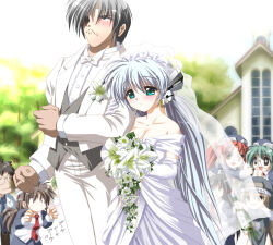Rule 34 | 1boy, 1girl, anger vein, bare shoulders, blush, bouquet, breasts, bridal veil, church, cleavage, clenched hands, collarbone, commentary request, couple, cowboy shot, day, dress, elbow gloves, embarrassed, eyelashes, f20 (funimaru), flower, formal, gloves, green eyes, hair between eyes, hetero, holding, holding bouquet, hoshino yumemi, junker, long hair, looking down, looking up, low twintails, medium breasts, nervous, outdoors, planetarian, robot ears, side-by-side, standing, suit, twintails, veil, very long hair, wedding, wedding dress, white dress, white flower, white gloves, white suit