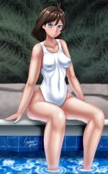 Rule 34 | 1girl, ace attorney, ahoge, blue eyes, breasts, breasts apart, brown hair, convenient leg, facing viewer, highres, light blush, linea alba, looking at viewer, one-piece swimsuit, pool, poolside, ryusuke kh, sitting, small breasts, smile, soaking feet, solo, school swimsuit, swimsuit, trucy wright, white one-piece swimsuit