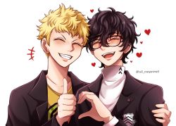 Rule 34 | 2boys, ^ ^, amamiya ren, artist name, black hair, blonde hair, blush, closed eyes, commentary, crazyanime3, english commentary, facing viewer, glasses, grin, heart, heart hands failure, highres, hug, jacket, male focus, multiple boys, open clothes, open jacket, open mouth, persona, persona 5, sakamoto ryuuji, school uniform, shirt, short hair, shuujin academy school uniform, smile, teeth, thumbs up, upper body, white background, yellow shirt