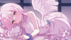 Rule 34 | 1girl, absurdres, angel wings, bare arms, blue archive, blue ribbon, dress, halo, highres, karunabaru, looking at viewer, mika (blue archive), pink hair, ribbon, solo, white dress, white wings, wings, yellow eyes