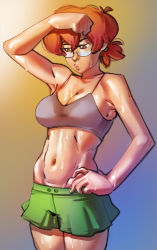 Rule 34 | 1girl, breasts, cleavage, glasses, gradient background, hand on own hip, one ar up, orange hair, ph draw, pidge gunderson, shiny skin, sketch, sports bra, voltron: legendary defender, voltron (series)