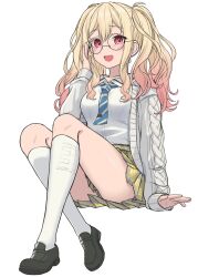 Rule 34 | 1girl, absurdres, black footwear, blonde hair, breasts, full body, glasses, highres, hinato1710, kneehighs, long hair, long sleeves, looking at viewer, medium breasts, necktie, open mouth, project sekai, red eyes, school uniform, shirt, shoes, sitting, skirt, sleeves past wrists, smile, socks, solo, tenma saki, twintails, white background, white shirt