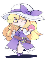 Rule 34 | 1girl, belt, blonde hair, blouse, brown belt, chahan (fried rice0614), chibi, closed mouth, collared shirt, commentary request, dress, food, frilled dress, frills, fruit, full body, hand fan, hat, hat ribbon, highres, holding, holding fan, holding food, holding fruit, long hair, long sleeves, loose belt, one-hour drawing challenge, one eye closed, peach, pinafore dress, purple dress, purple footwear, purple ribbon, ribbon, shirt, simple background, sleeveless, sleeveless dress, smile, socks, solo, sun hat, touhou, very long hair, watatsuki no toyohime, white background, white hair, white hat, white shirt, white socks, yellow eyes