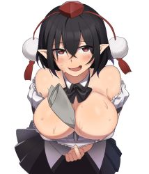 Rule 34 | 1girl, bare shoulders, between breasts, black bow, black bowtie, black hair, black skirt, blouse, blush, bow, bowtie, breasts, brown eyes, detached collar, hair between eyes, hat, large breasts, looking at viewer, miniskirt, newspaper, open mouth, pleated skirt, pointy ears, pom pom (clothes), pulling own clothes, shameimaru aya, shirt, simple background, skirt, smile, solo, sweat, tokin hat, touhou, toujou (toujou ramen), undressing, white background