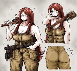 Rule 34 | 1girl, abella (fear &amp; hunger), ass, bare shoulders, breasts, cleavage, eminem throwing a fat rat (meme), fear &amp; hunger 2: termina, grey eyes, highres, large breasts, long hair, looking at viewer, meme, muscular, muscular female, octosoup, overalls, red hair, tool belt, wrench