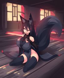 Rule 34 | 1girl, absurdres, animal ear fluff, animal ears, bare shoulders, black hair, black thighhighs, blue eyes, breasts, bridal gauntlets, ear piercing, fang, fox ears, fox girl, hair ornament, hairclip, highres, huge breasts, japanese clothes, kiri (sub-res), long hair, looking at viewer, miko, notched ear, one eye closed, original, piercing, seiza, side slit, sitting, solo, sub-res, thighhighs