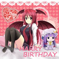 Rule 34 | 1girl, absurdres, arm support, bat wings, bed, black thighhighs, blunt bangs, blush, blush stickers, bow, breasts, capelet, character doll, collared shirt, crescent, dress, dress shirt, english text, engrish text, eyelashes, hair between eyes, hair ribbon, happy birthday, hat, head wings, heart, heart-shaped pillow, heart background, highres, jitome, juliet sleeves, koakuma, lace, large breasts, light smile, long hair, long sleeves, looking at viewer, low-tied long hair, miniskirt, mob cap, necktie, no shoes, panties, pantyshot, patchouli knowledge, pillow, pink background, puffy sleeves, purple dress, purple eyes, purple hair, ranguage, red eyes, red hair, red necktie, reimei (r758120518), ribbon, shirt, sidelocks, sitting, skirt, skirt set, solo, striped clothes, striped dress, thighhighs, touhou, tress ribbon, underwear, vertical stripes, vest, white panties, wings, zettai ryouiki