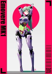 Rule 34 | 1girl, android, automatic giraffe, barcode, character name, emmy (automatic giraffe), full body, green eyes, green hair, leaning back, long hair, looking up, original, ponytail, qr code, science fiction, see-through body, solo, spine, standing