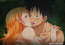 Rule 34 | 1boy, 1girl, black hair, blush, breasts, caught, chandllucky, couple, curvy, highres, implied sex, kiss, large breasts, long hair, monkey d. luffy, muscular, muscular male, nami (one piece), nude, one piece, orange hair, scar, short hair