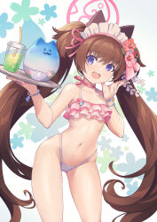 Rule 34 | 1girl, animal ears, bikini, blue archive, breasts, brown hair, chingisu, choker, collarbone, cup, drink, drinking glass, drinking straw, flower, frilled bikini, frills, hair flower, hair ornament, halo, highres, long hair, looking at viewer, maid headdress, navel, open mouth, pink bikini, purple eyes, ribbon choker, shizuko (blue archive), shizuko (swimsuit) (blue archive), skirt, small breasts, smile, solo, standing, stomach, swimsuit, tray, twintails, unworn skirt, very long hair, white background