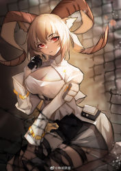 Rule 34 | 1girl, animal ears, arknights, black gloves, black skirt, breasts, carnelian (arknights), chain-link fence, chinese commentary, cleavage, cleavage cutout, clothing cutout, dark-skinned female, dark skin, feet out of frame, fence, gloves, goat ears, goat girl, goat horns, highres, horns, large breasts, looking at viewer, red eyes, shenyuheimao, shirt, short hair, sitting, skirt, solo, white hair, white shirt