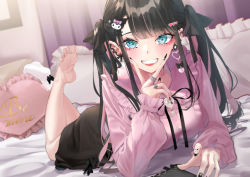 Rule 34 | 1girl, :d, absurdres, ass, barefoot, bed, bed sheet, bedroom, black hair, black nails, black ribbon, black skirt, blunt bangs, blush, breasts, commentary request, eyelashes, fang, feet, fingernails, foreshortening, grin, hair ornament, highres, indoors, kuromi, large breasts, legs up, long fingernails, long hair, long sleeves, looking at viewer, lying, medium breasts, mirea, multicolored nails, nail art, nail polish, no shoes, on bed, on stomach, onegai my melody, open mouth, original, pillow, pink nails, pink shirt, red lips, ribbon, sanrio, shirt, sidelocks, single sock, skirt, smile, socks, soles, solo, teeth, toes, twintails, v over mouth, white socks, x hair ornament