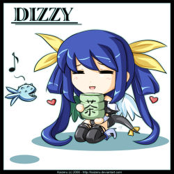 Rule 34 | 1girl, = =, arc system works, asymmetrical wings, blue hair, bow, chibi, cup, dizzy (guilty gear), closed eyes, guilty gear, hair bow, heart, kaizeru, long twintails, musical note, quaver, ribbon, smile, solo, tail, tail ornament, tail ribbon, thighhighs, twintails, wings, yunomi