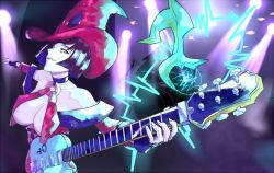 Rule 34 | arqa, black hair, breasts, cleavage, electric guitar, electricity, guilty gear, guilty gear xrd, guitar, hat, i-no, instrument, o-ring, short hair, solo, very short hair, witch hat