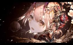 Rule 34 | 1girl, absurdres, branch, fang, flower, hair between eyes, hair flower, hair ornament, highres, hito komoru, light blush, looking at viewer, open mouth, original, pink hair, portrait, red eyes, short hair, solo