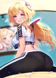 Rule 34 | 1girl, aki rosenthal, ass, black pants, blonde hair, blue eyes, blush, breasts, character name, copyright name, crop top, crop top overhang, detached hair, highres, hololive, hololive dance practice uniform, large breasts, long hair, looking at viewer, looking back, official alternate costume, open mouth, pants, sideboob, smile, sweat, tsurugi hikaru, twintails, virtual youtuber, yoga pants