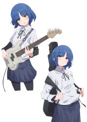 Rule 34 | 1girl, absurdres, bass guitar, black pantyhose, black ribbon, black shirt, blue hair, blue skirt, bocchi the rock!, cable, closed mouth, collared shirt, cropped legs, eitopondo, eyes visible through hair, guitar case, hair ornament, hairclip, highres, holding strap, instrument, instrument case, long sleeves, looking at viewer, mole, mole under eye, multiple views, neck ribbon, open mouth, pantyhose, pleated skirt, ribbon, school uniform, shimokitazawa high school uniform, shirt, short hair, short sleeves, simple background, skirt, split mouth, undershirt, white background, white shirt, yamada ryo, yellow eyes