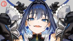 Rule 34 | 1girl, blue eyes, blue hair, chain, chain headband, earrings, hair intakes, hololive, hololive english, jewelry, long hair, looking at viewer, mixed-language commentary, open mouth, ouro kronii, ouro kronii (1st costume), ribbon earrings, short hair, smile, solo, virtual youtuber, wada arco