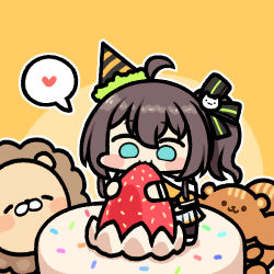 Rule 34 | 1girl, :3, ahoge, aqua eyes, brown hair, cake, chibi, commentary request, eating, food, food focus, hair between eyes, hair ornament, hat, heart, hololive, hug, jazz jack, lion, lowres, natsuiro matsuri, natsuiro matsuri (1st costume), party hat, side ponytail, simple background, solid circle eyes, solo, speech bubble, sprinkles, standing, virtual youtuber, yellow background