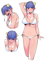 Rule 34 | 1girl, bikini, blue hair, blush, breasts, closed mouth, colored skin, covering privates, covering breasts, cropped legs, cropped torso, embarrassed, front-tie bikini top, front-tie top, highres, horns, large breasts, looking at viewer, miitoban, multiple views, oni, open mouth, original, pink skin, pointy ears, red eyes, sharp teeth, short hair, short hair with long locks, side-tie bikini bottom, sidelocks, simple background, standing, sweat, swimsuit, teeth, white background, white bikini