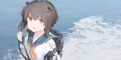 Rule 34 | 10s, 1girl, astg, brown eyes, brown hair, collarbone, kantai collection, long sleeves, looking at viewer, neckerchief, parted lips, short hair, solo, teeth, torn clothes, upper body, yellow neckerchief, yukikaze (kancolle)