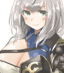Rule 34 | 1girl, armor, black armor, blue collar, blush, breastplate, breasts, buttons, cleavage, cleavage cutout, closed mouth, clothing cutout, collar, gold trim, green eyes, hololive, kashiwa 010419, large breasts, looking at viewer, medium hair, mole, mole on breast, shirogane noel, shirogane noel (1st costume), shoulder armor, smile, solo, strap, upper body, virtual youtuber, white background, white hair