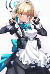 Rule 34 | 1girl, apron, black dress, black gloves, blonde hair, blue archive, blue eyes, blue ribbon, blush, bow, bowtie, braid, breasts, bun cover, chest harness, double v, dress, earpiece, fingerless gloves, french braid, gloves, hair bun, hair ribbon, halo, harness, highres, juliet sleeves, long sleeves, looking at viewer, maid headdress, pouch, puffy sleeves, ribbon, shirokuma a, short hair, single hair bun, small breasts, solo, toki (blue archive), v, white apron
