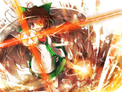 Rule 34 | 1girl, arm cannon, bad id, bad pixiv id, bow, brown hair, cape, female focus, glowing, glowing eye, hair bow, highres, itsutsuki, long hair, open mouth, red eyes, reiuji utsuho, skirt, solo, tears, touhou, weapon, wings