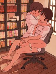 Rule 34 | 1boy, 1girl, 99aj, arms around neck, ass grab, black-framed eyewear, book, bookshelf, bottomless, commentary request, eye contact, feet, glasses, happy sex, hetero, highres, indoors, looking at another, original, panties, panties around ankles, panty pull, sex, short hair, straddling, sunset, swivel chair, tenga, unbuttoned, unbuttoned shirt, underwear, upright straddle, wooden floor